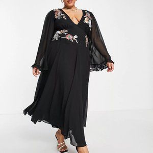 ASOS DESIGN Curve soft embroidered godet midi skater dress with flared sleeves